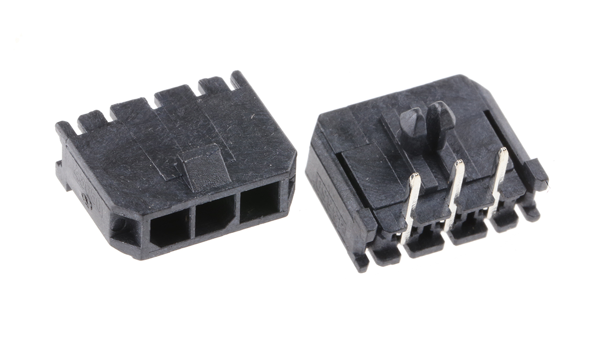 Molex Micro-Fit 3.0 Series Right Angle Through Hole PCB Header, 3 Contact(s), 3 mm Pitch, 1 Row, Shrouded