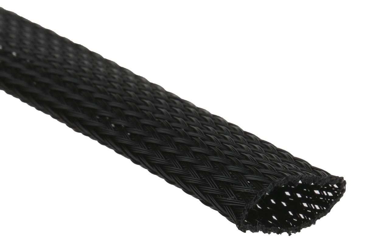 SES Sterling Expandable Braided PET Black Cable Sleeve, 15mm Diameter, 50m Length