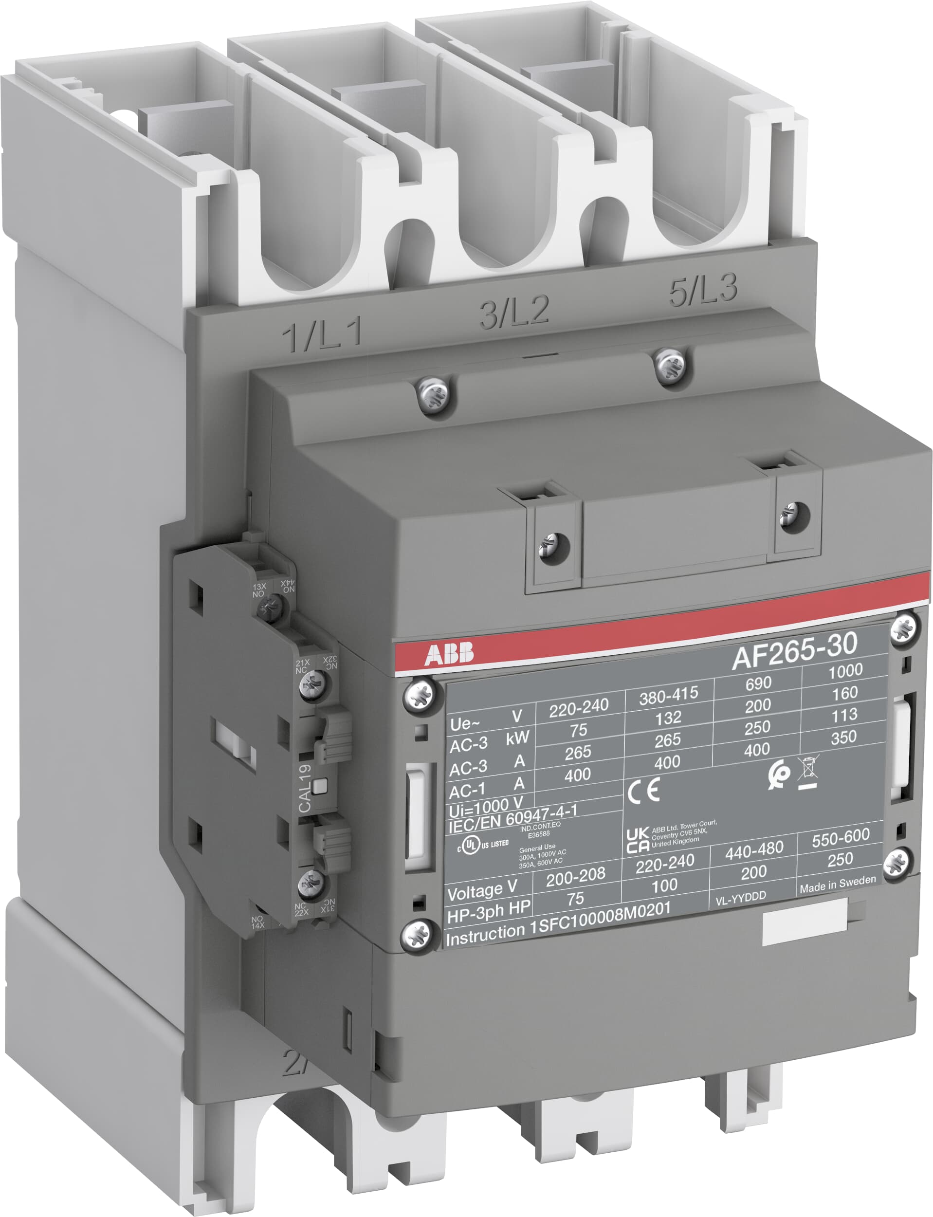 ABB AF265-30-11-11 AF Contactor, 24 V ac/dc Coil, 3-Pole, 400 A, 132 kW, 3NO, 690 V ac