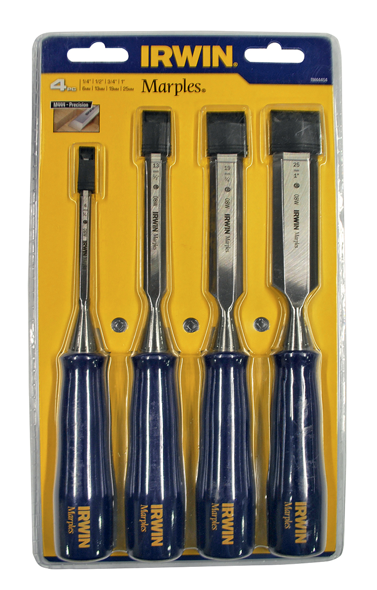 Irwin 4 Piece Steel Bevel Edge Chisel Set, 6.0 mm, 13 mm, 19 mm, 25 mm Blade Width