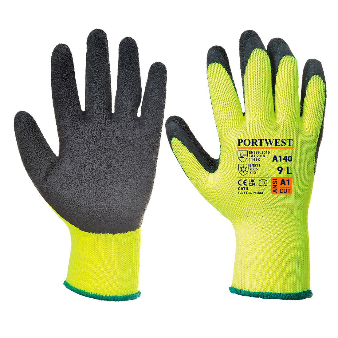 Portwest Yellow Acrylic Glove, Size 6, Latex Coating