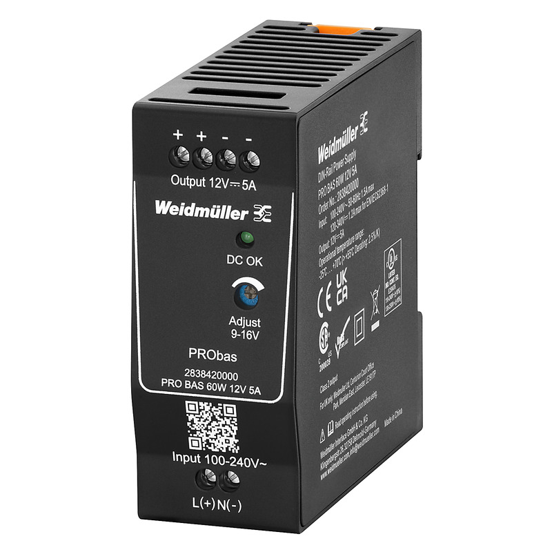 Weidmüller PRO BAS DIN Rail Power Supply, 264V ac ac, dc Input, 12V dc dc Output, 5A Output, 60W
