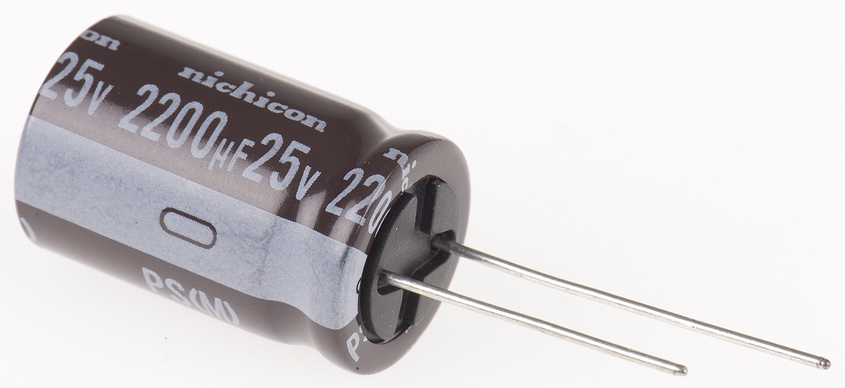 Nichicon 2200μF Aluminium Electrolytic Capacitor 25V dc, Radial, Through Hole - UPS1E222MHD