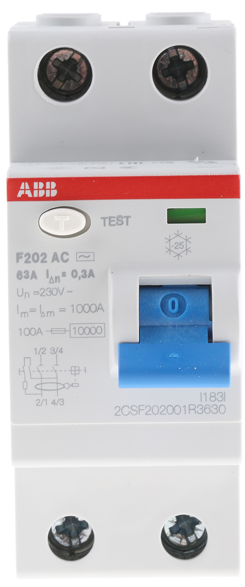 ABB F200 RCCB, 63A, 2 Pole, 300mA, Type AC