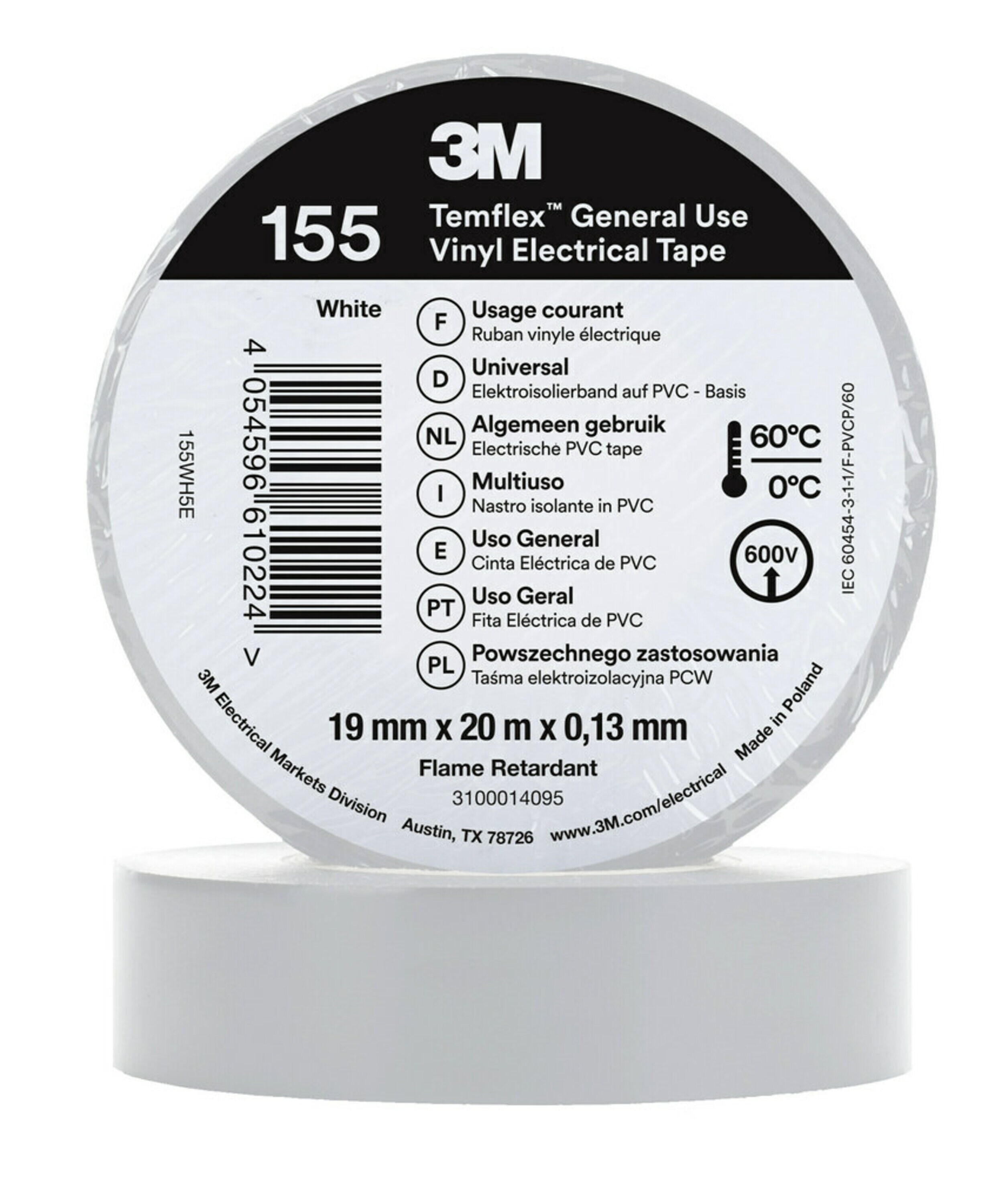 3M Temflex 155 White Vinyl Electrical Tape, 19mm x 20m