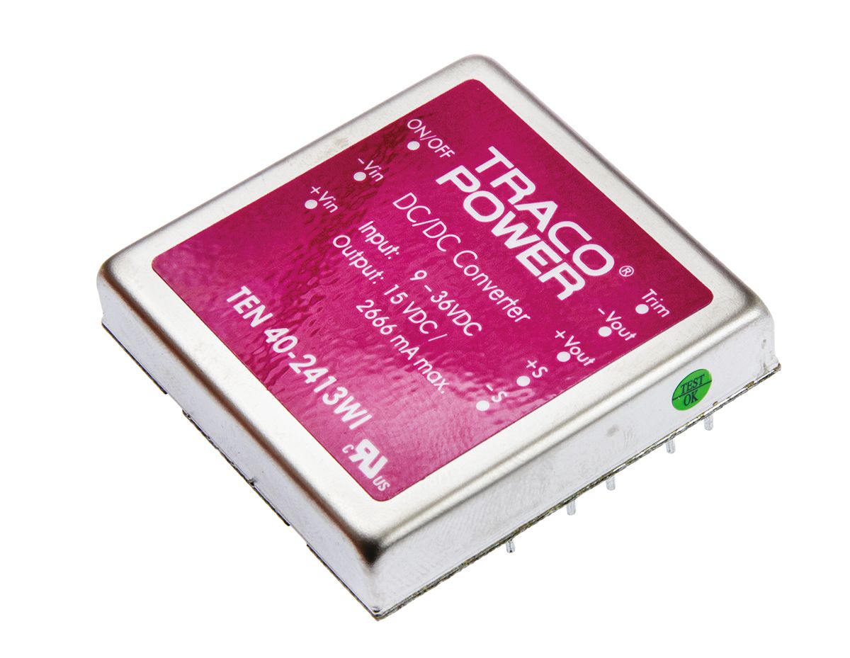 TRACOPOWER TEN 40WI DC-DC Converter, 15V dc/ 2.65A Output, 9 → 36 V dc Input, 40W, Through Hole, +85°C Max Temp