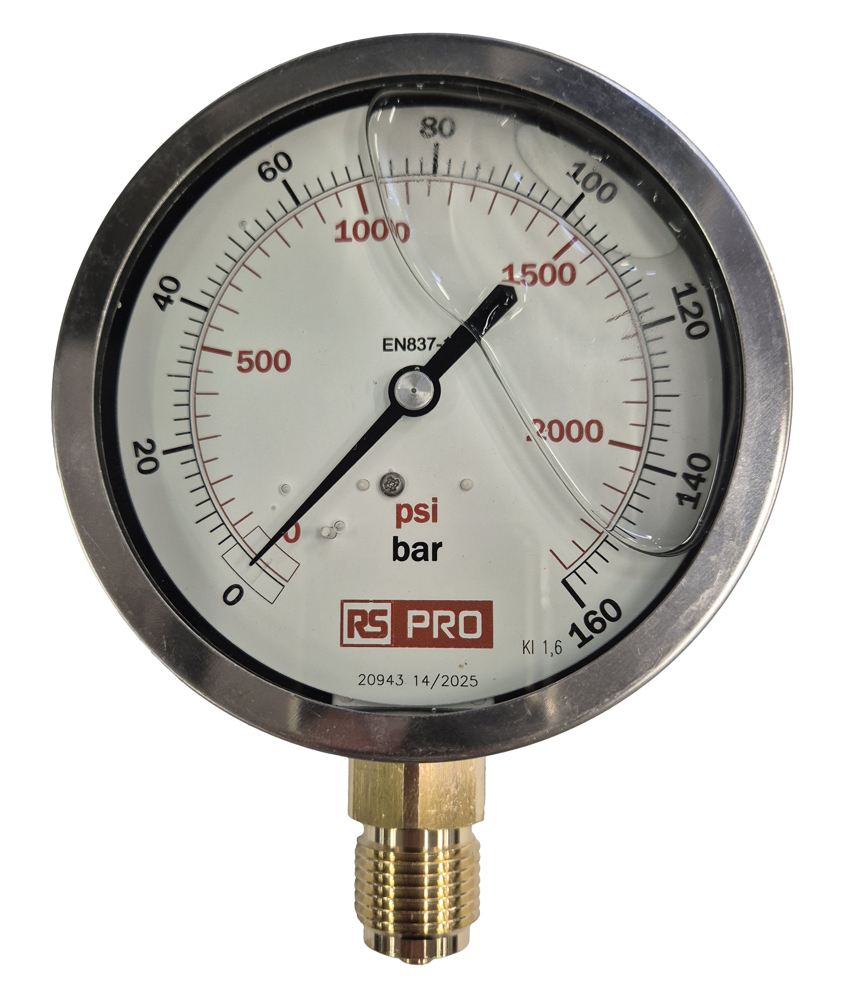 RS PRO BSP 1/2in Analogue Pressure Gauge 160bar Bottom Entry 100mm Outside Diameter