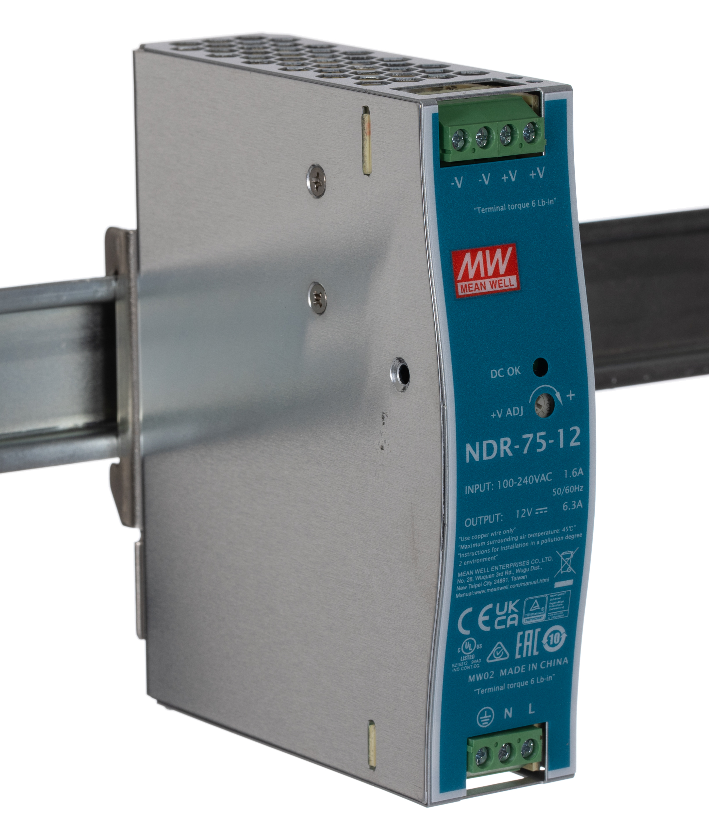 MEAN WELL NDR Switched Mode DIN Rail Power Supply, 90 → 264V ac ac Input, 12V dc dc Output, 6.3A Output, 75W