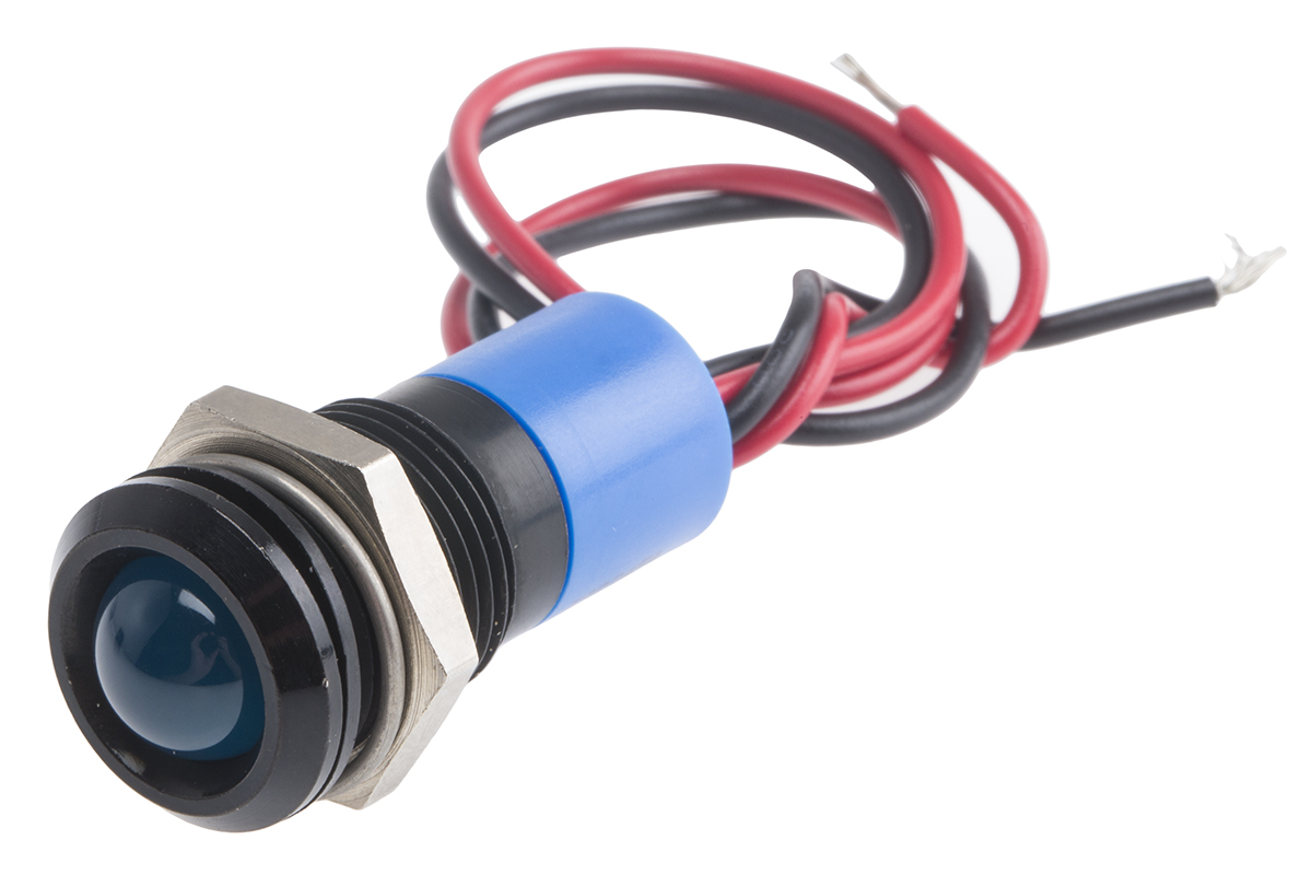RS PRO Blue Panel Mount Indicator, 24V dc, 14mm Mounting Hole Size, Lead Wires Termination, IP67