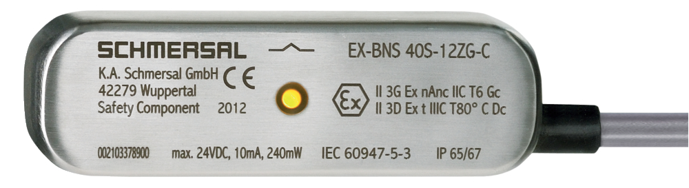 Schmersal EX-BNS 40S Series Flush Magnetic Non-Contact Safety Switch, Stainless Steel Housing, NO/2NC, 10m Cable