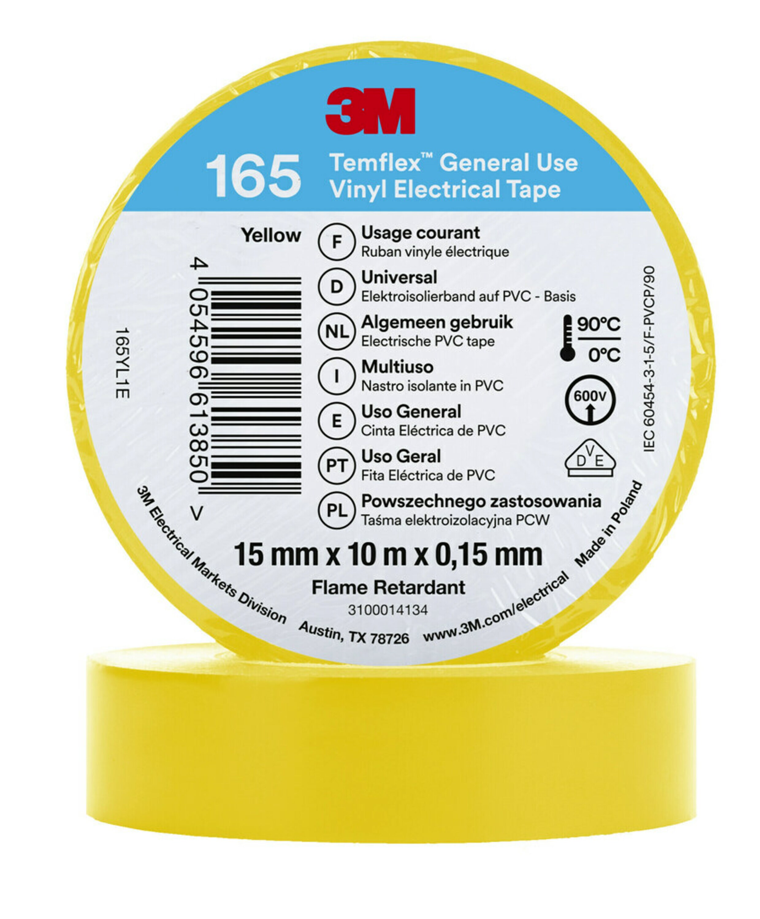 3M Temflex 165 Yellow Vinyl Electrical Tape, 15mm x 10m