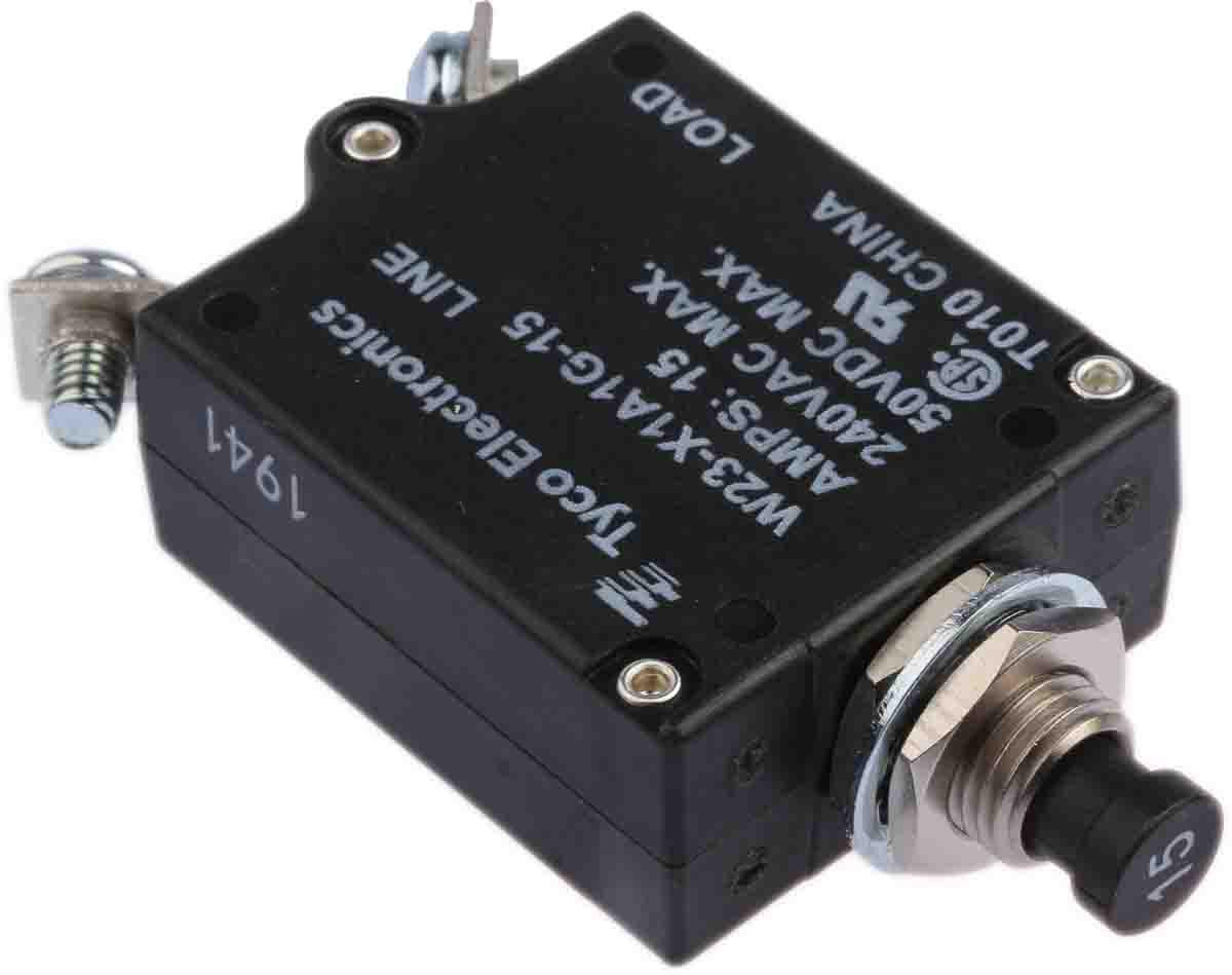 TE Connectivity Thermal Circuit Breaker - W23  Single Pole 50 V dc, 250V ac Voltage Rating, 15A Current Rating
