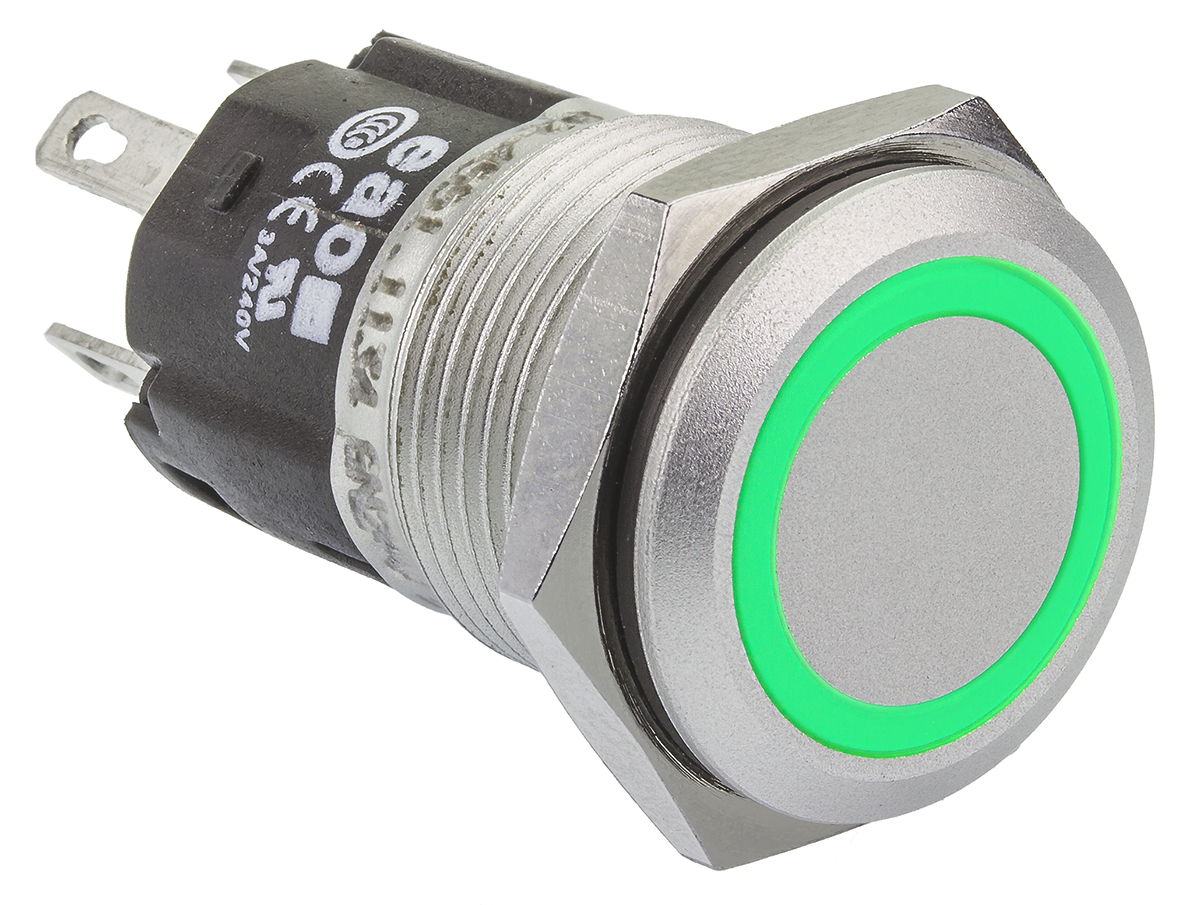 EAO 82 Series Illuminated Push Button Switch, Momentary, Panel Mount, 16mm Cutout, SPDT, Green LED, 240V, IP65, IP67