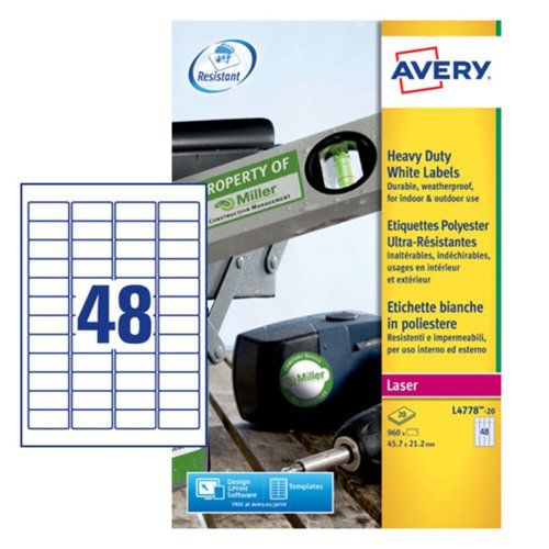 Avery White Adhesive High Visibility Label Sheet, Pack of 20Sheets