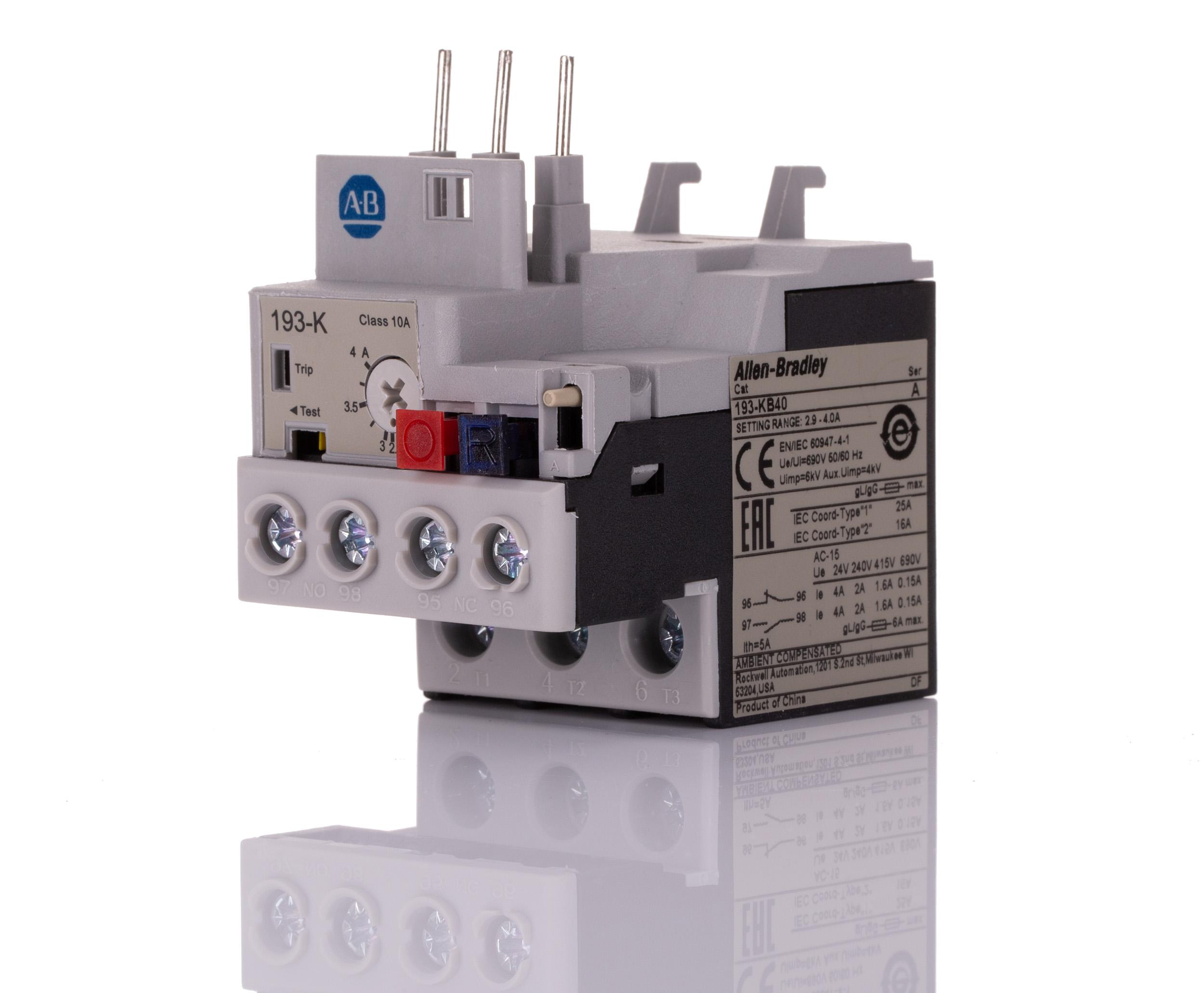 Allen Bradley 193-K Overload Relay 1NO + 1NC, 2.9 → 4 A F.L.C, 4 A Contact Rating, 6 W, 690 Vac, Bulletin