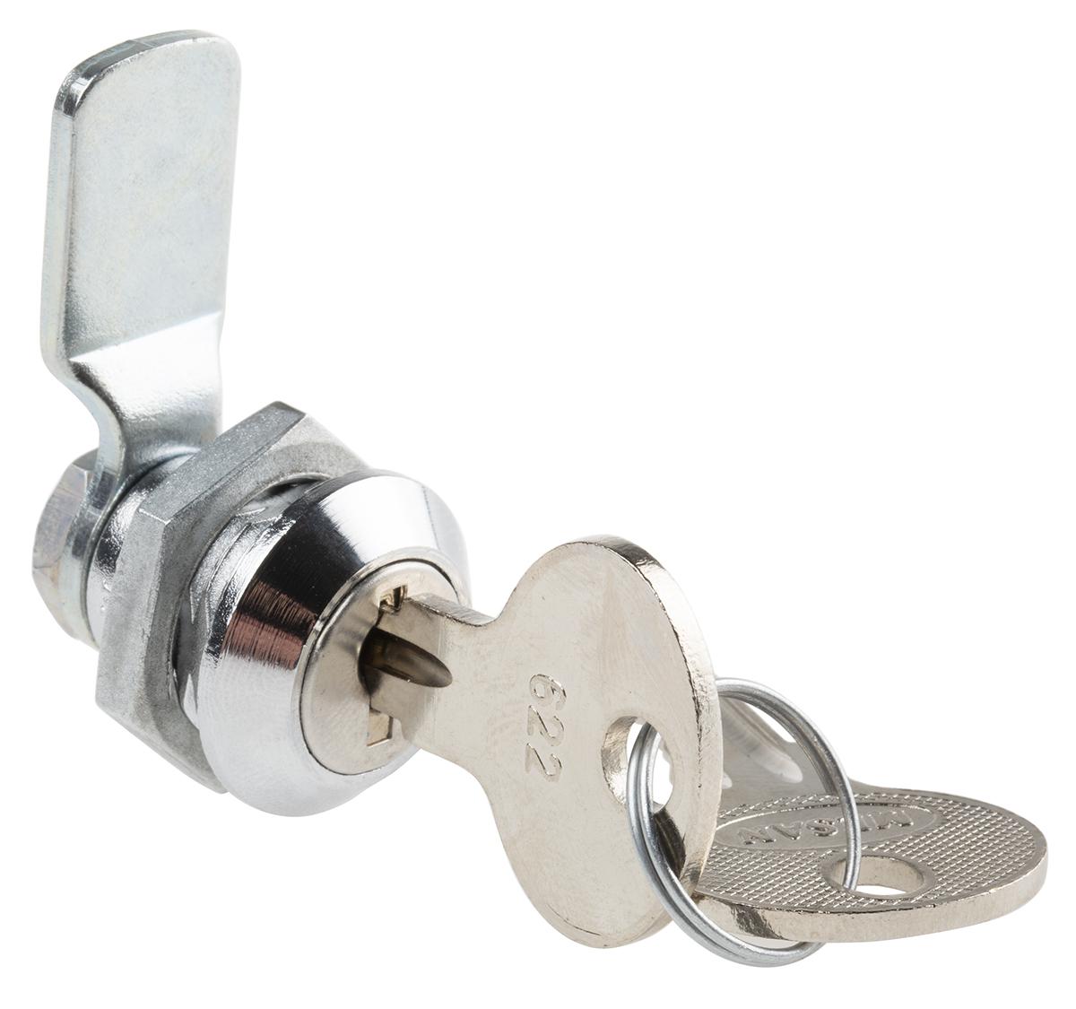 RS PRO Chrome Zinc Cabinet Lock, 16mm Panel-to-Tongue, 16.2 x 14.2mm Cutout, Key Unlock