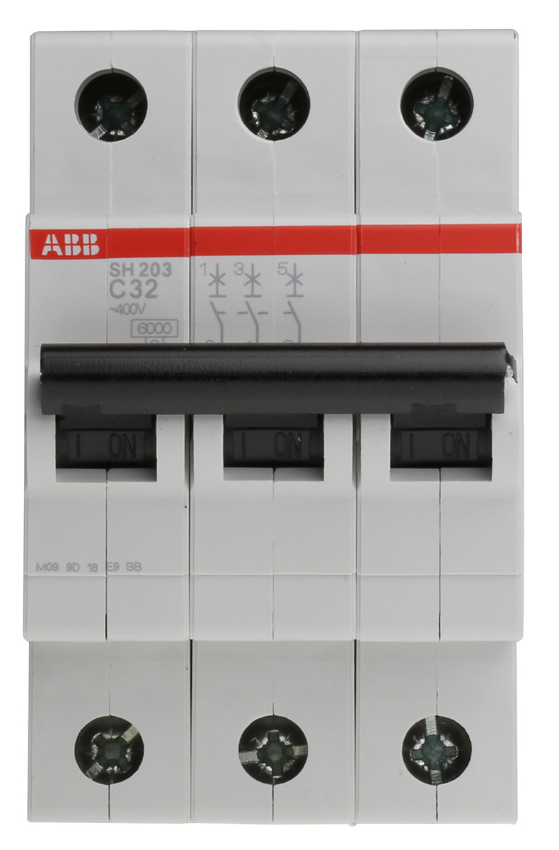 ABB Compact Home SH200 MCB, 3P, 32A Curve C, 440V AC, 6 kA Breaking Capacity