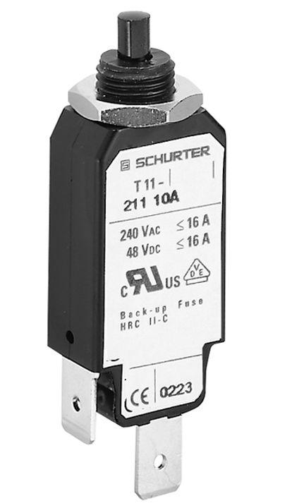 Schurter TA11 Thermal Circuit Breaker - T11-211  Single Pole 240V ac Voltage Rating Universal Mount, 6A Current Rating