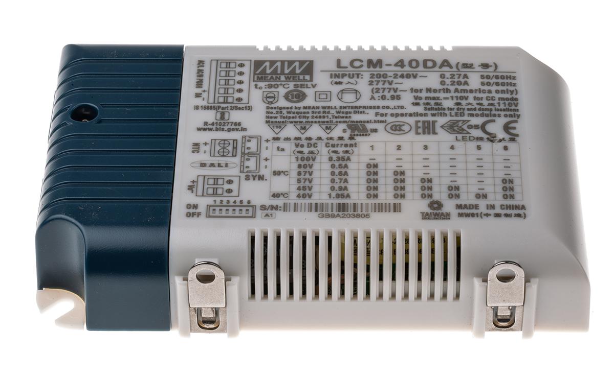 MEAN WELL LED Driver, 2 → 100V Output, 42W Output, 1.05 A, 350 mA, 500 mA, 600 mA, 700 mA, 900 mA Output,