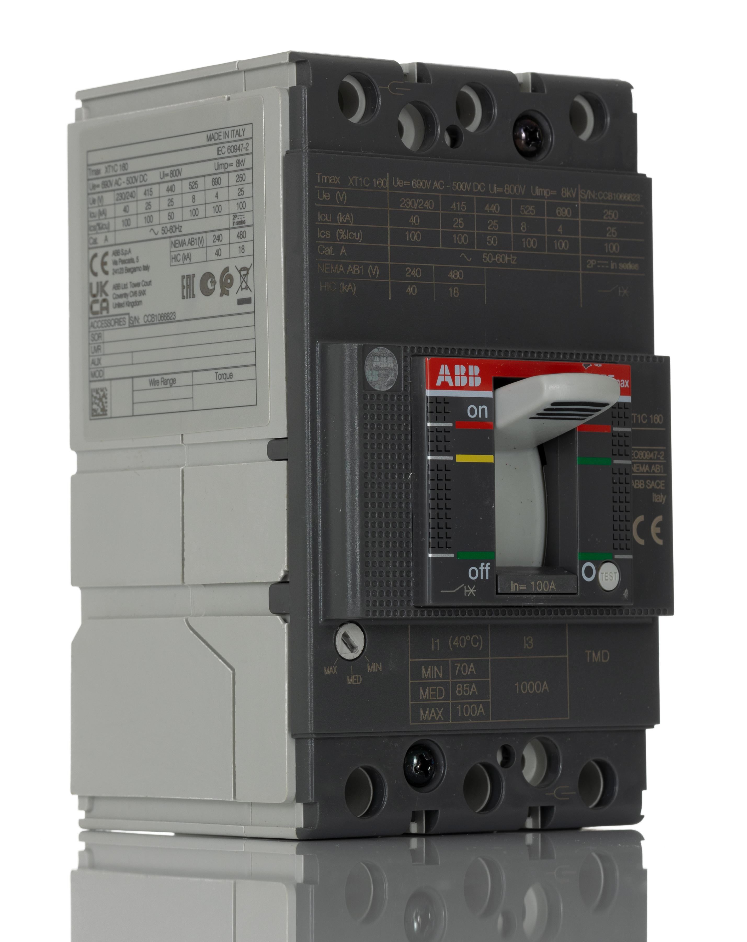 ABB, SACE Tmax XT MCCB Molded Case Circuit Breaker 3P 100A, Breaking Capacity 25 kA, Fixed Mount