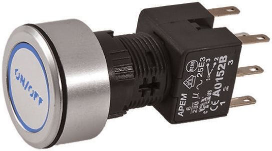 APEM Illuminated Push Button Switch, Latching, Panel Mount, 16mm Cutout, DPDT, Blue LED, 250V ac, IP65