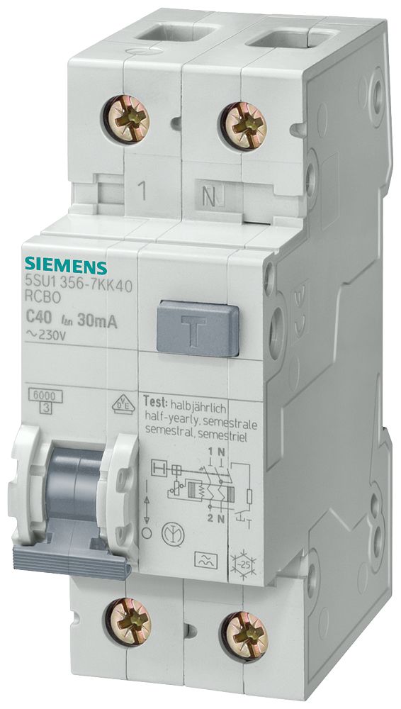 Siemens RCBO, 16A Current Rating, 2P Poles, 30mA Trip Sensitivity, Type B, Sentron Range