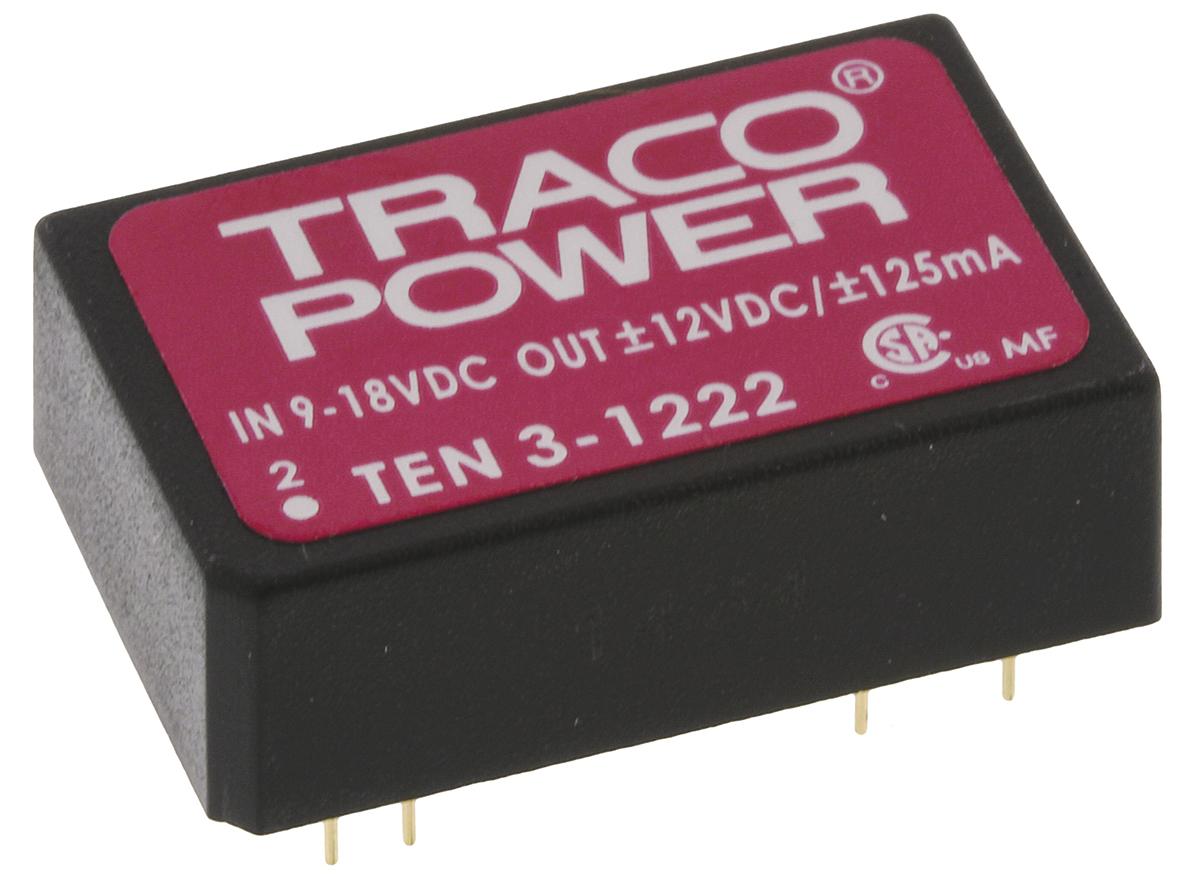 TRACOPOWER TEN 3 DC-DC Converter, ±12V dc/ ±125mA Output, 9 → 18 V dc Input, 3W, Through Hole, +85°C Max Temp