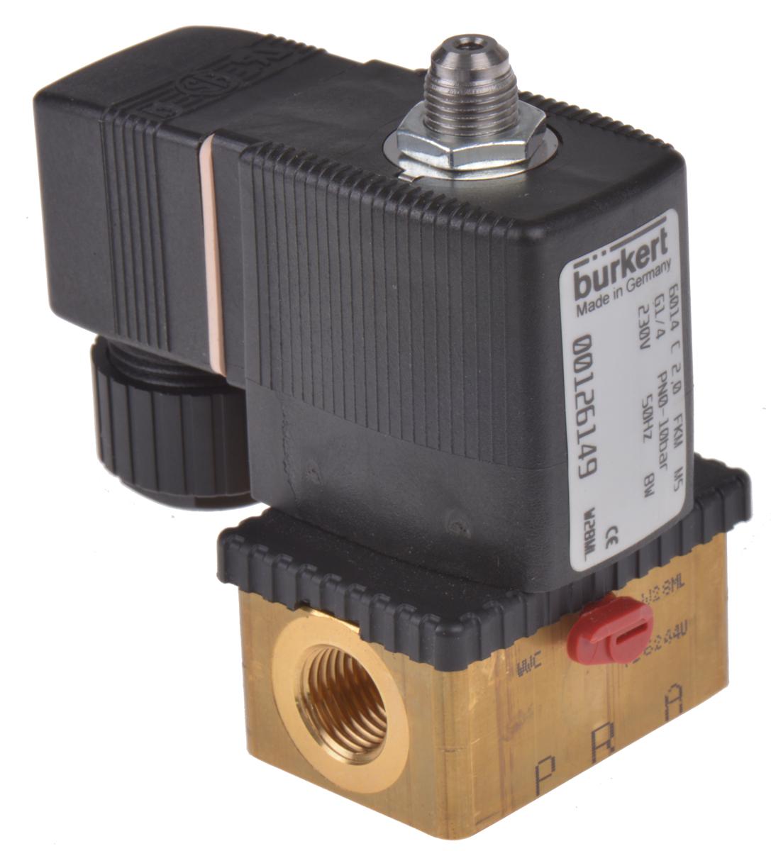 Burkert Solenoid Valve 126149, 3 Port, NC, 230 V ac 6.35 mm, 6.35 mm