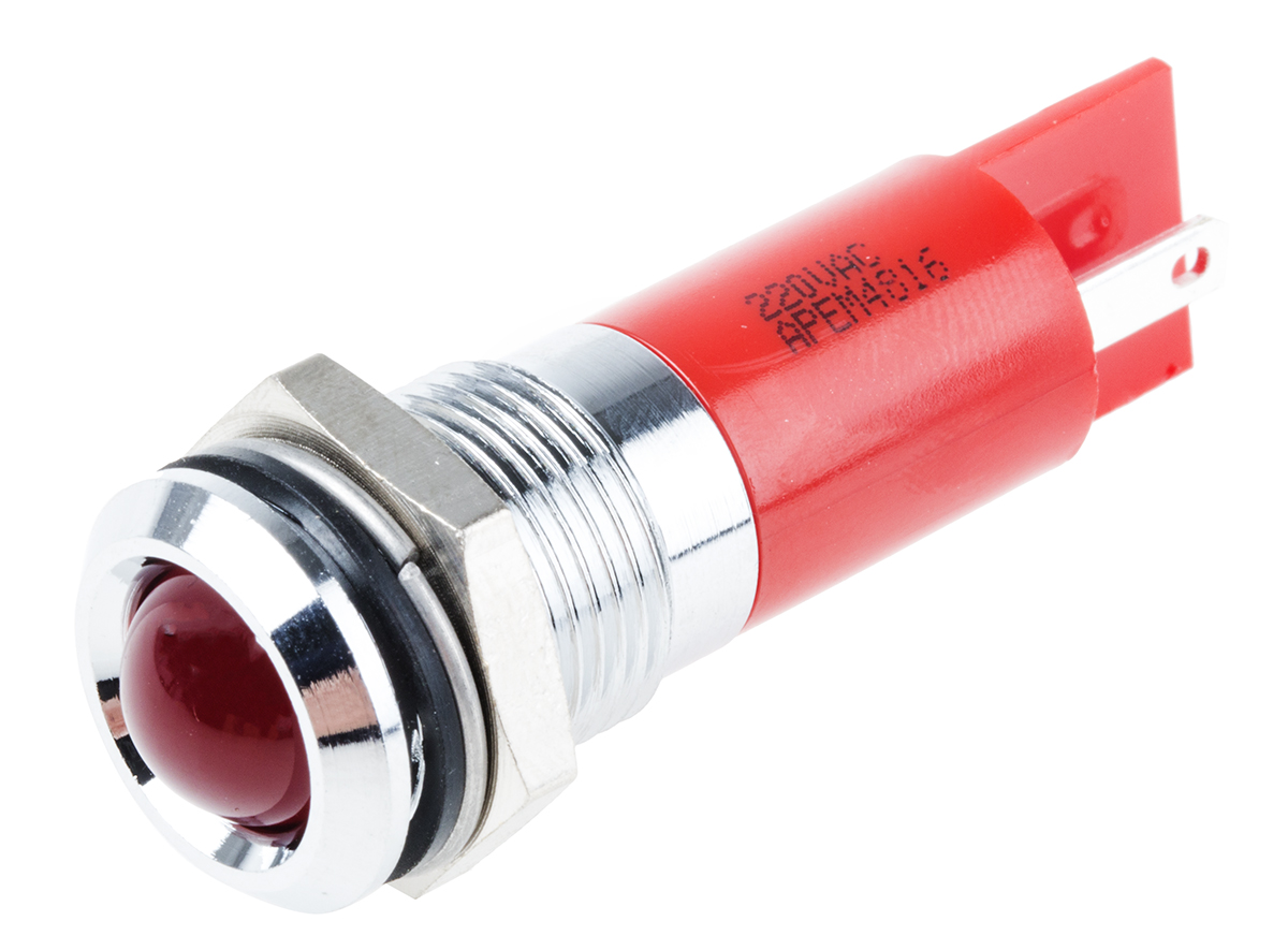 RS PRO Red Panel Mount Indicator, 220V ac, 14mm Mounting Hole Size, Faston, Solder Lug Termination, IP67
