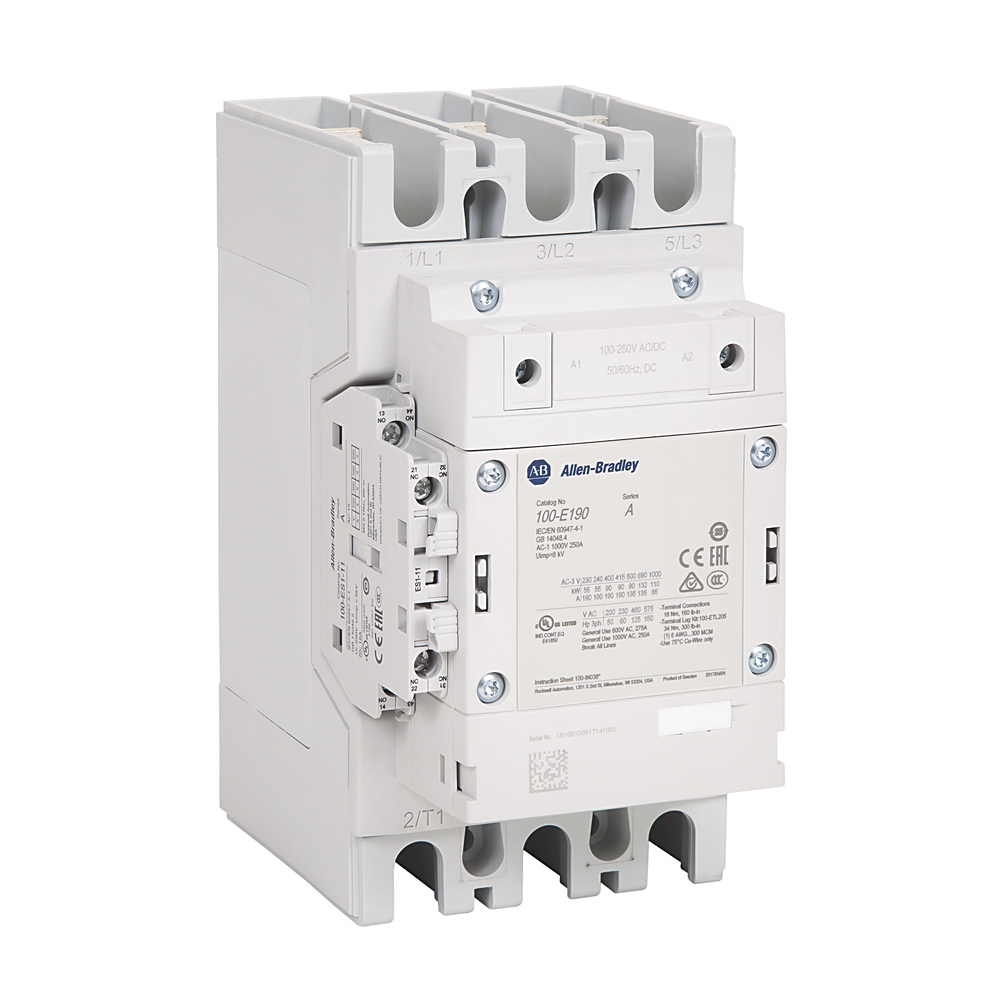 Allen Bradley 100-E Contactor, 100/250 V dc Coil, 3-Pole, 190 A, 90 kW 250 V, 1 NO/1 NC, 400V