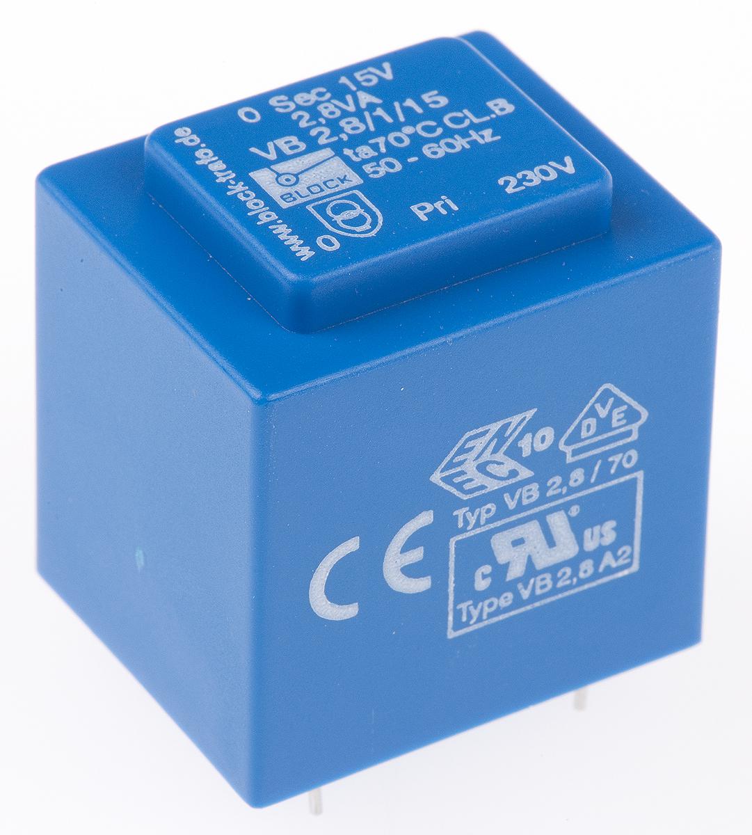 Block 15V ac 1 Output Through Hole PCB Transformer, 2.8VA