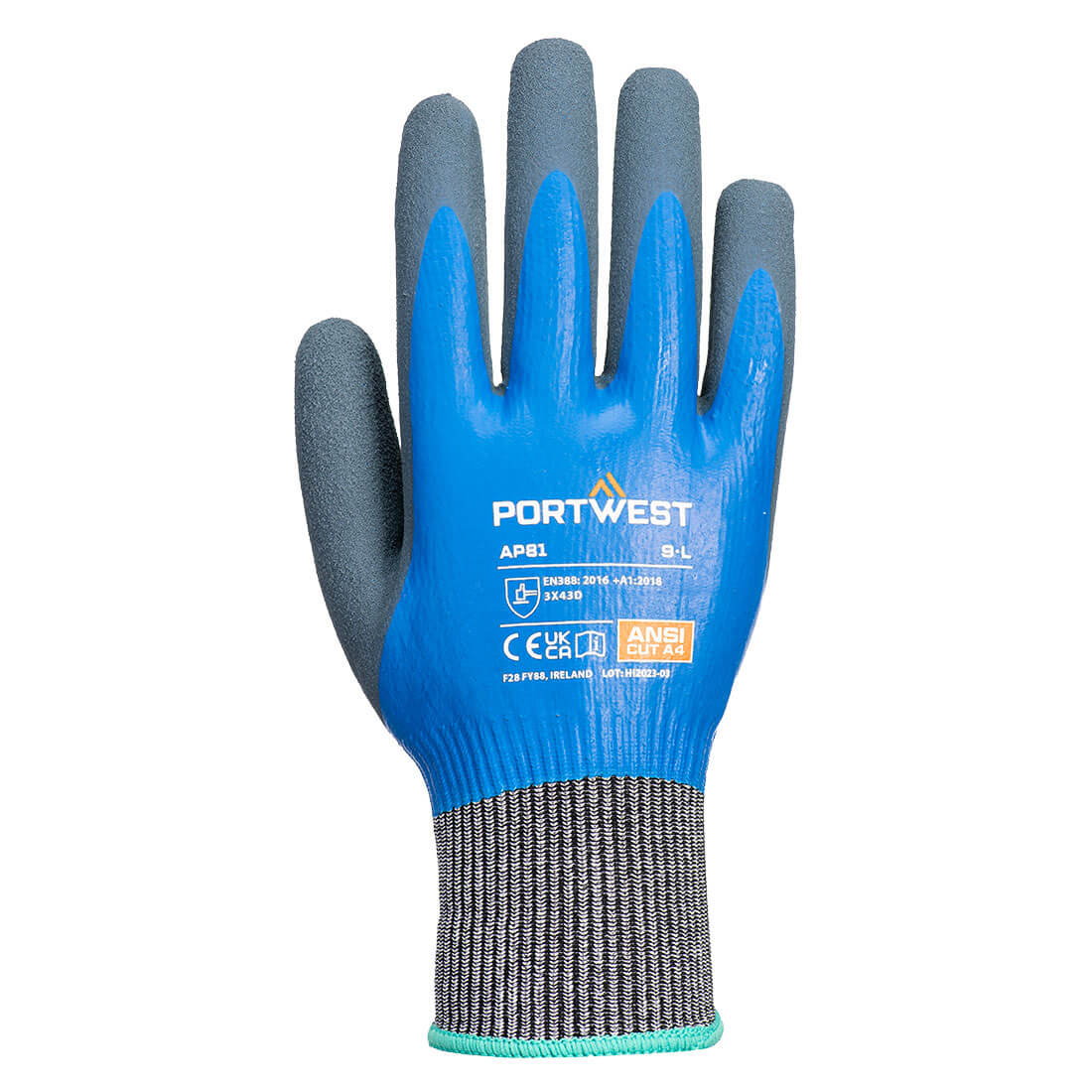 Portwest AP81 - Liquid Pro HR Cut Glove Blue Elastane, Fibreglass, High Performance Polyethylene, Polyester Work Gloves,