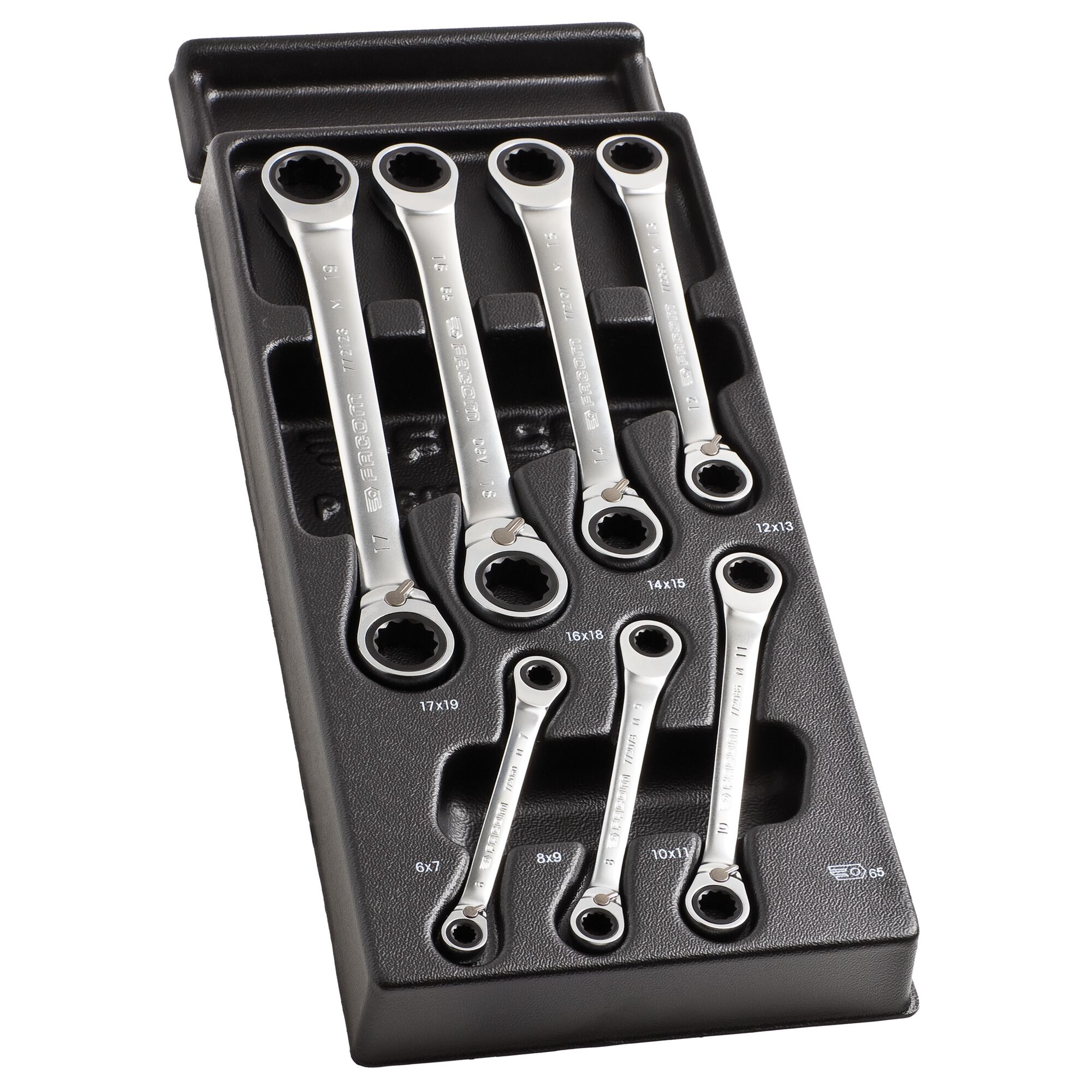 Facom 65 Series Ratchet Polygon Wrenches Series 7-Piece Ring Spanner Set, 6 in, 7 in, 8 in, 9 in, 10 in, 11 in, 12 in,
