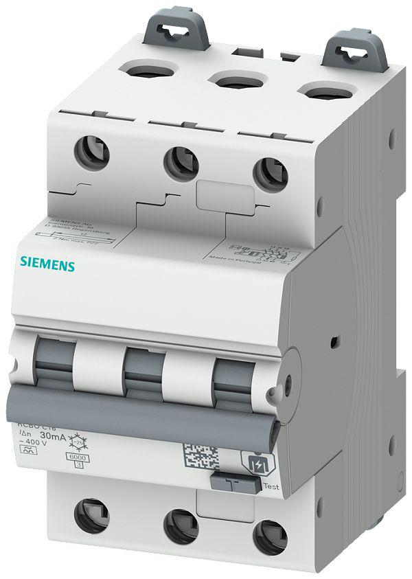 Siemens RCBO, 6A Current Rating, 3P Poles, 30mA Trip Sensitivity, Type C, Sentron Range