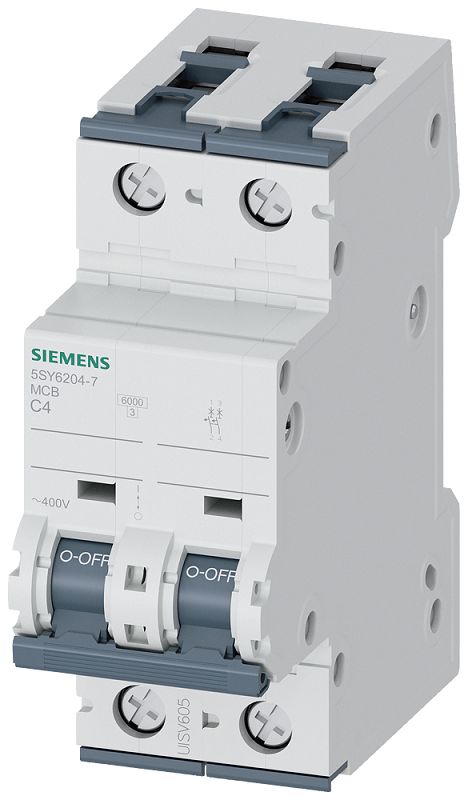 Siemens Sentron 5SY6 MCB, 2P, 4A Curve C, 400V AC, 72V DC, 6 kA Breaking Capacity