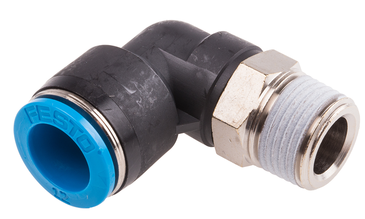 Festo QS Series Elbow Threaded Adaptor, R 3/8 Male to Push In 12 mm, Threaded-to-Tube Connection Style, 153053