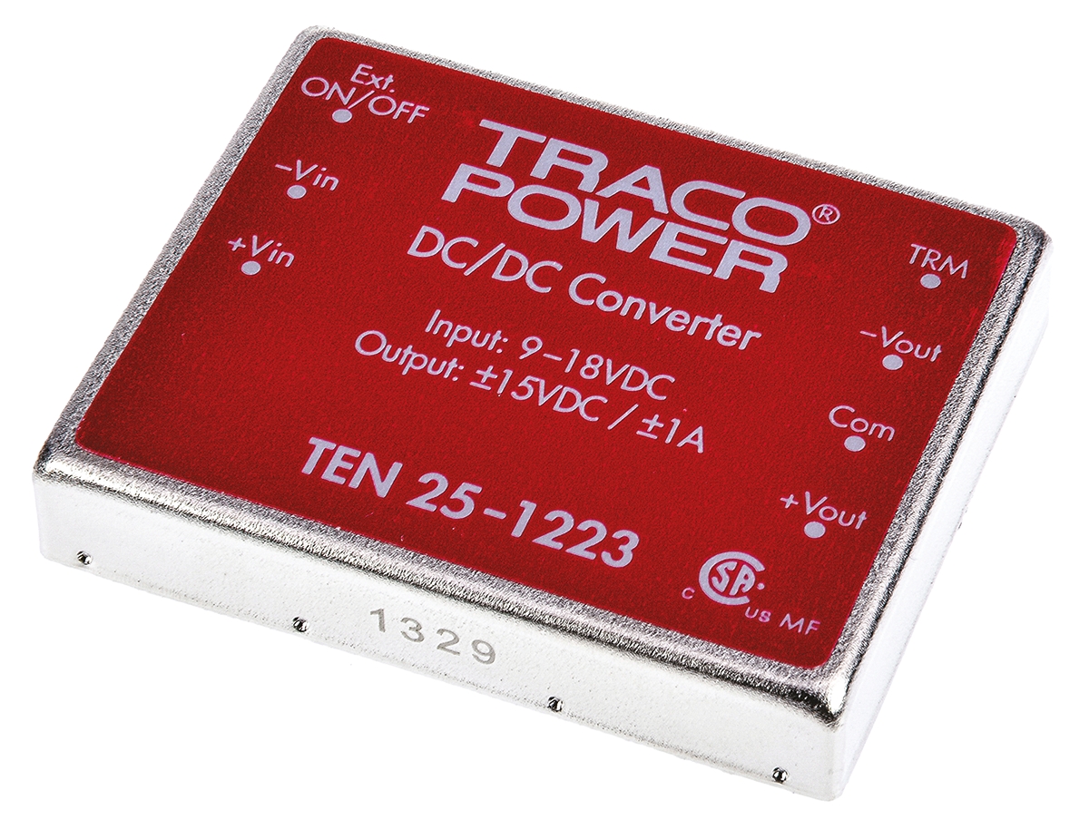 TRACOPOWER TEN 25 DC-DC Converter, ±15V dc/ ±1A Output, 9 → 18 V dc Input, 25W, Through Hole, +85°C Max Temp