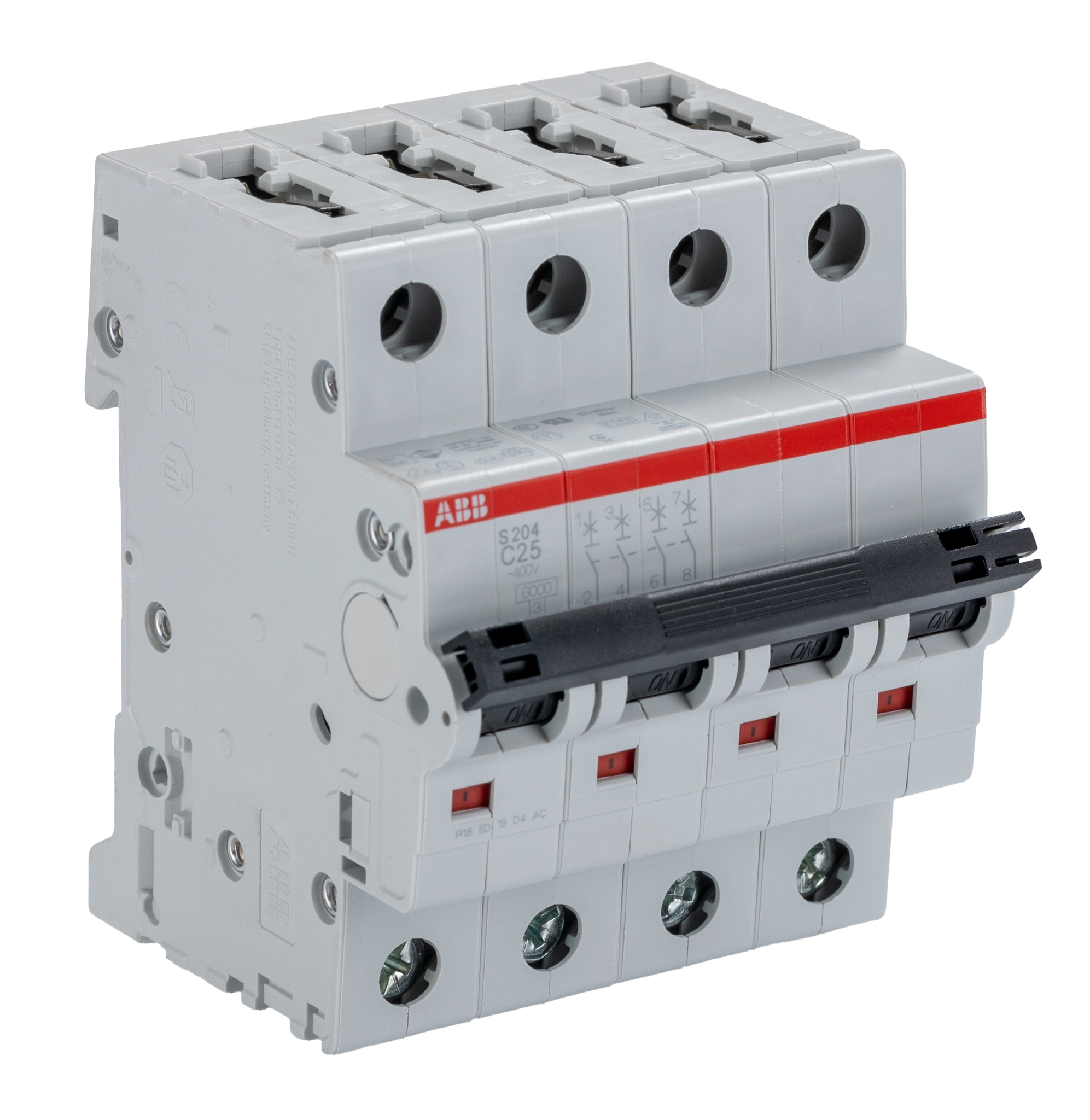 ABB System Pro M Compact S200 MCB, 4P, 25A Curve C, 400V AC, 10 kA Breaking Capacity