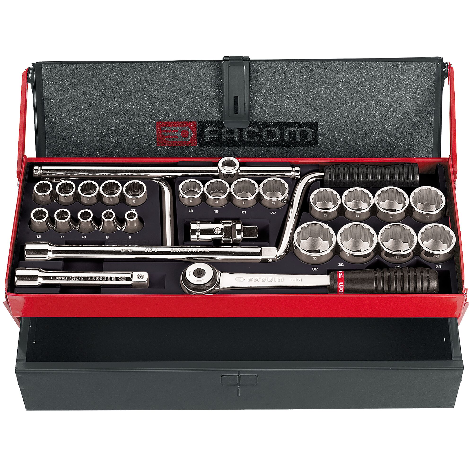 Facom 28-Piece Metric 1/2 in Standard Socket Set with Ratchet, 12 point
