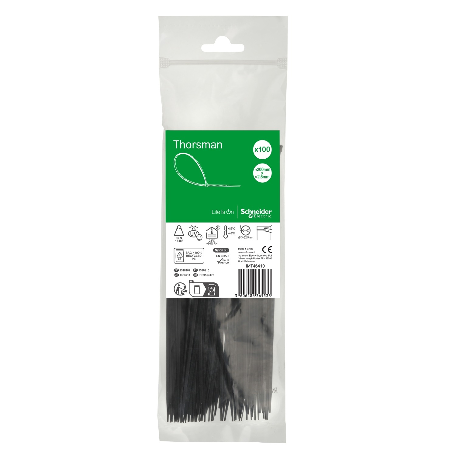 Schneider Electric Cable Tie, , 200mm x 2.5 mm, Black Nylon, Pk-1