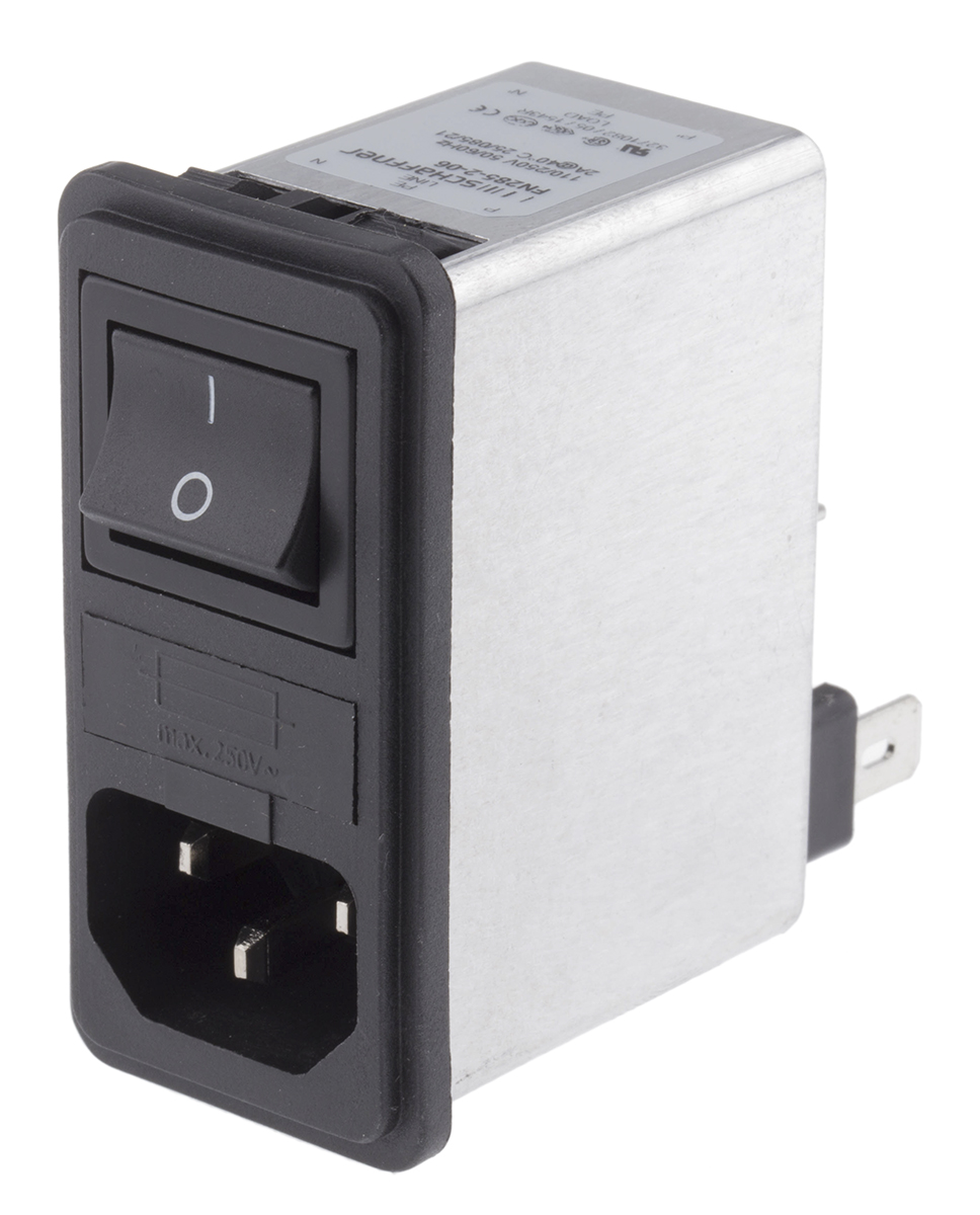 Schaffner 2A, 250 V ac Male Snap-In IEC Filter 2 Pole FN285-2-06, Faston 1 Fuse