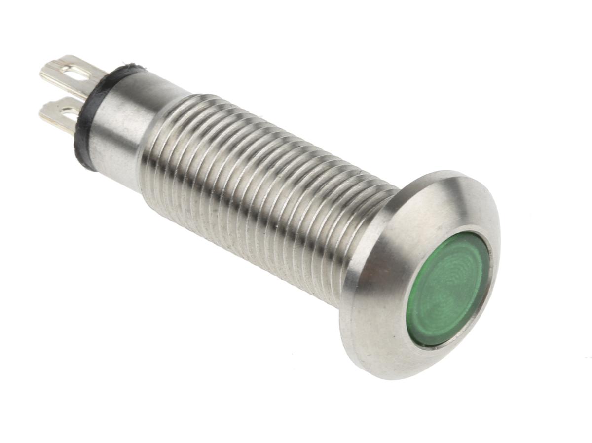 Marl Green Panel Mount Indicator, 12 → 28V, 8.1mm Mounting Hole Size, Solder Tab Termination, IP67
