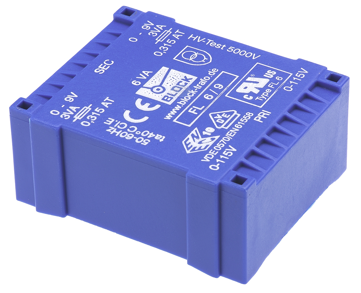 Block 9V ac 2 Output Through Hole PCB Transformer, 6VA