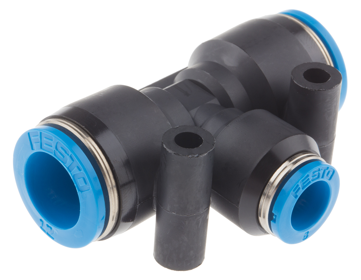Festo QST Series Tee Tube-to-Tube Adaptor Push In 8 mm, Push In 12 mm to Push In 12 mm, Tube-to-Tube Connection Style,