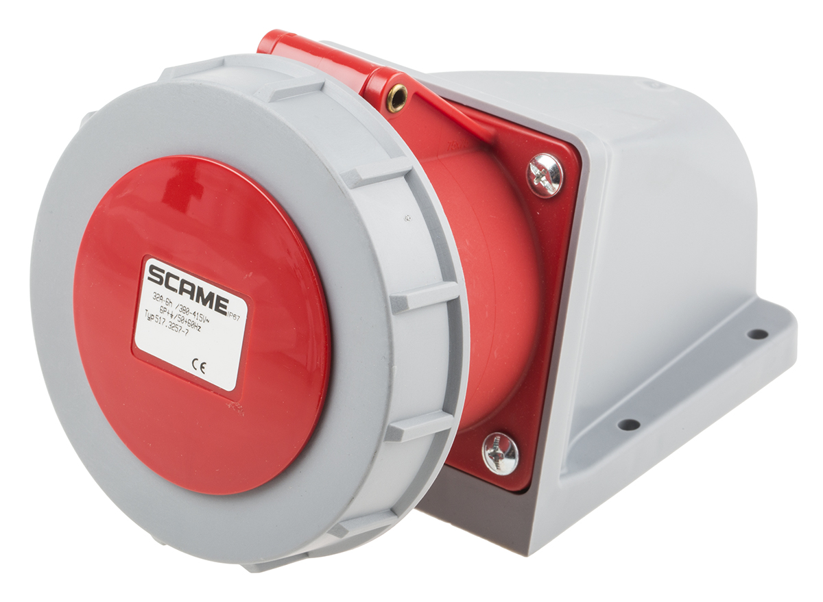 Scame, Optima IP67 Red Wall Mount 6P + E Right Angle Industrial Power Socket, Rated At 32A, 415 V