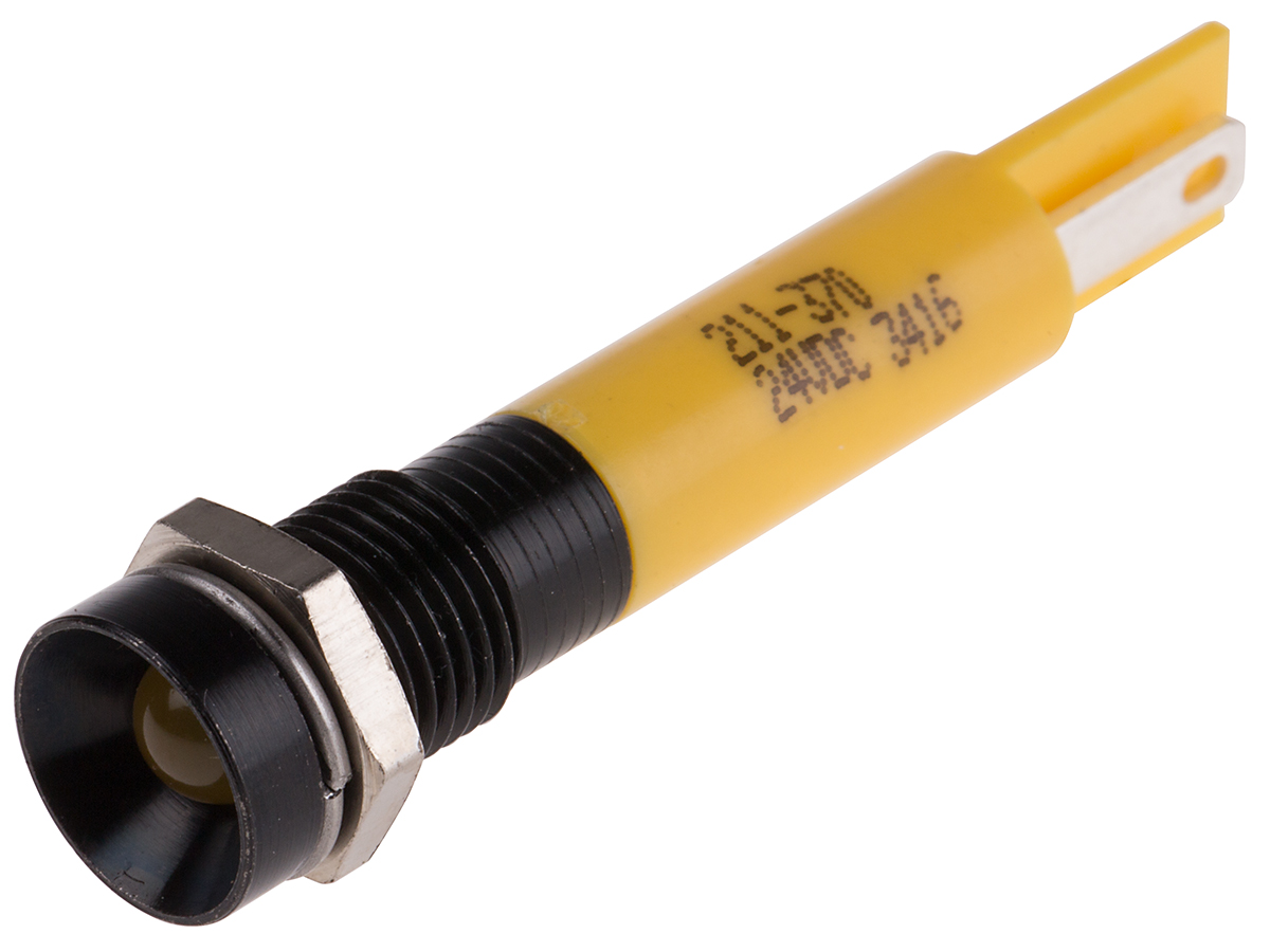 RS PRO Yellow Panel Mount Indicator, 24V dc, 8mm Mounting Hole Size, Solder Tab Termination