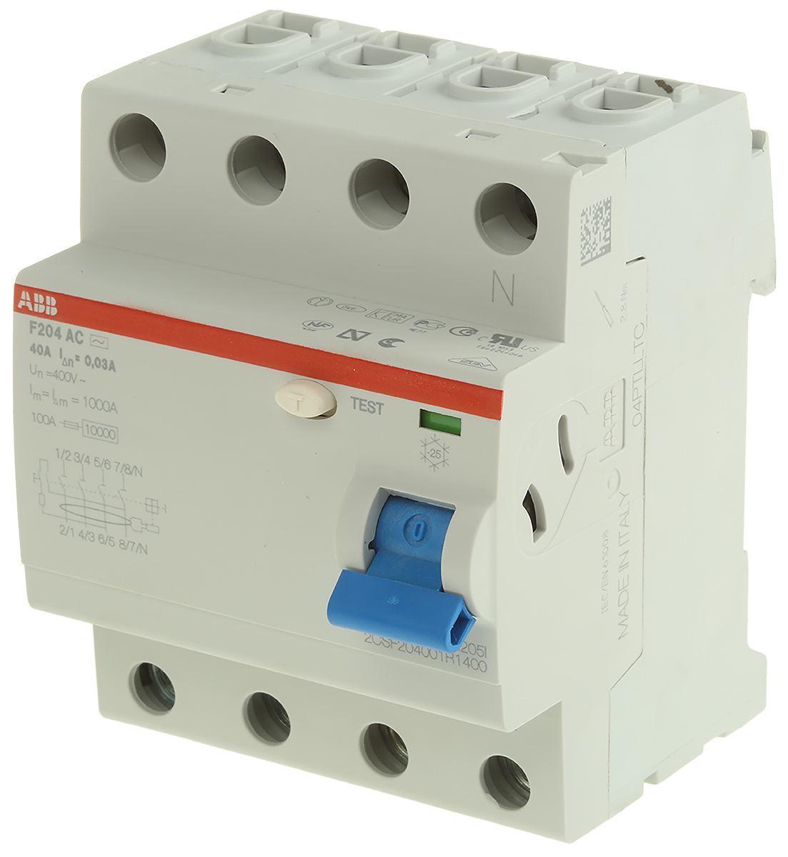 ABB F200 RCCB, 63A, 4 Pole, 300mA, Type AC