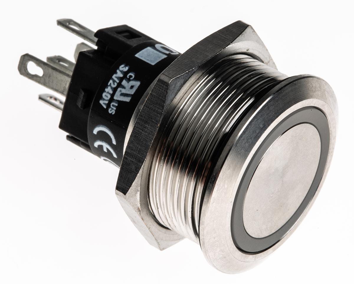 EAO 82 Series Illuminated Push Button Switch, Momentary, Panel Mount, 22.3mm Cutout, SPDT, Green LED, 240V, IP65, IP67