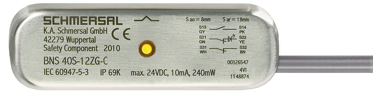Schmersal BNS40S Series Non-Flush Magnetic Non-Contact Safety Switch, 100V ac/dc, Stainless Steel Housing, 1m Cable