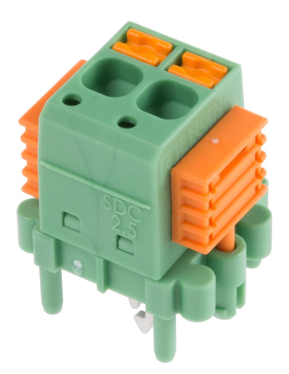 Phoenix Contact SDC 2.5/ 2-PV-5.0-ZB Series PCB Terminal Block, 2-Contact, 5mm Pitch, Through Hole Mount, 1-Row, Screw